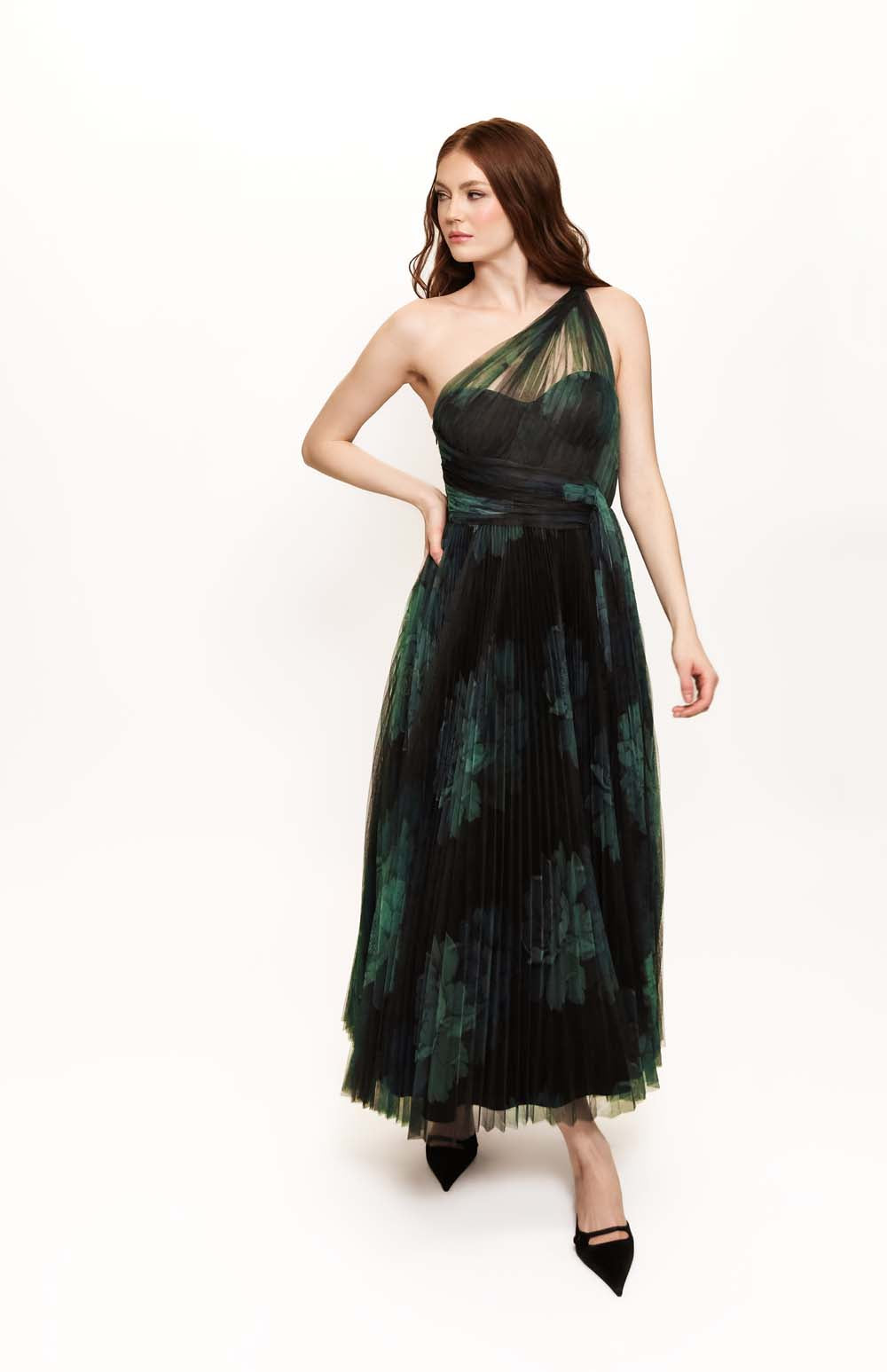 pleated dresses Olympia Olive Green Pleated One Shoulder Gown