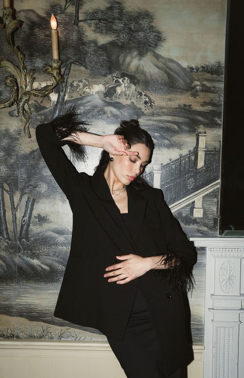 Sarah Twofer Dress In Black And Sketched Floral Jacquard, Hutch