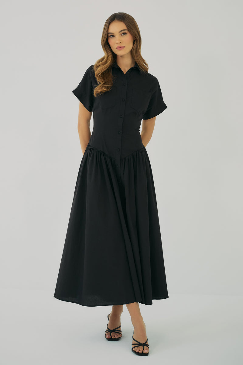 dresses solid The Mykonos - Black Linen Beach Dress Midi length skirt composed of 6 panels for flattering and feminine drape Solid Dresses Hutch