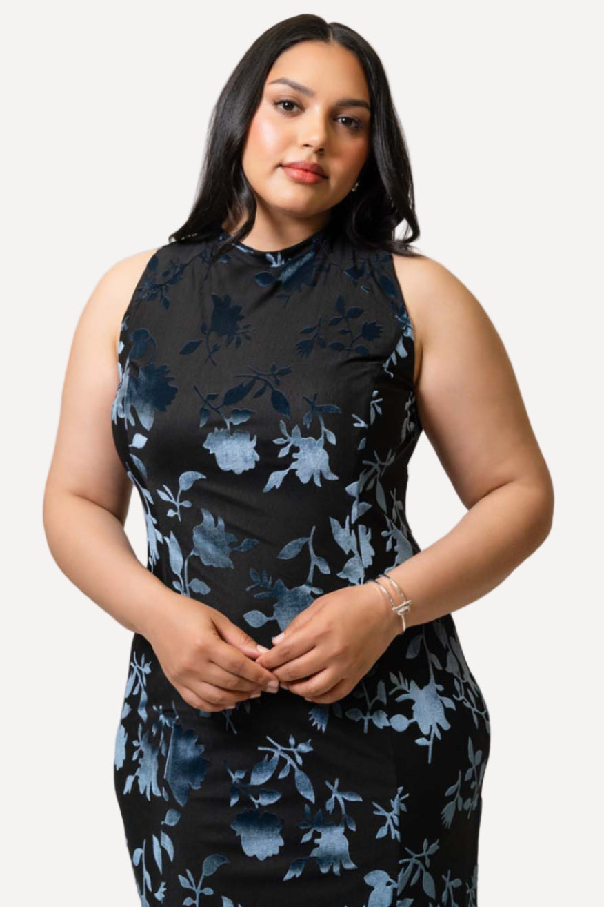floral burnout velvet midi dress hutch Hutch Long-Sleeve Velvet Burnout Slim Midi Dress